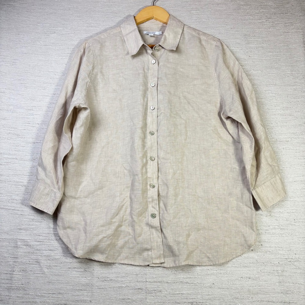 Chico's 100% Linen Button Down Shirt Oatmeal Beige Size 2 US 12 minimalism
